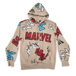 Marvel Hoodie Men L Beige Comic Graphic Pullover Streetwear Pop Art Superhero